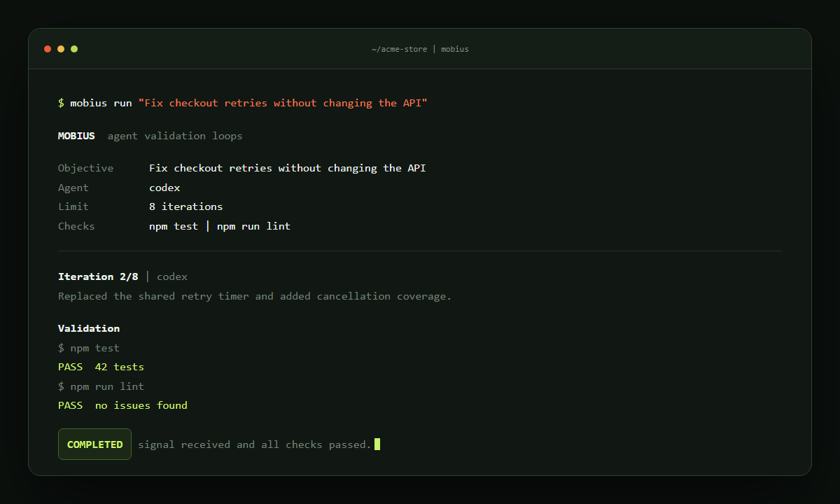 Illustrated Mobius terminal run completing after tests and lint pass